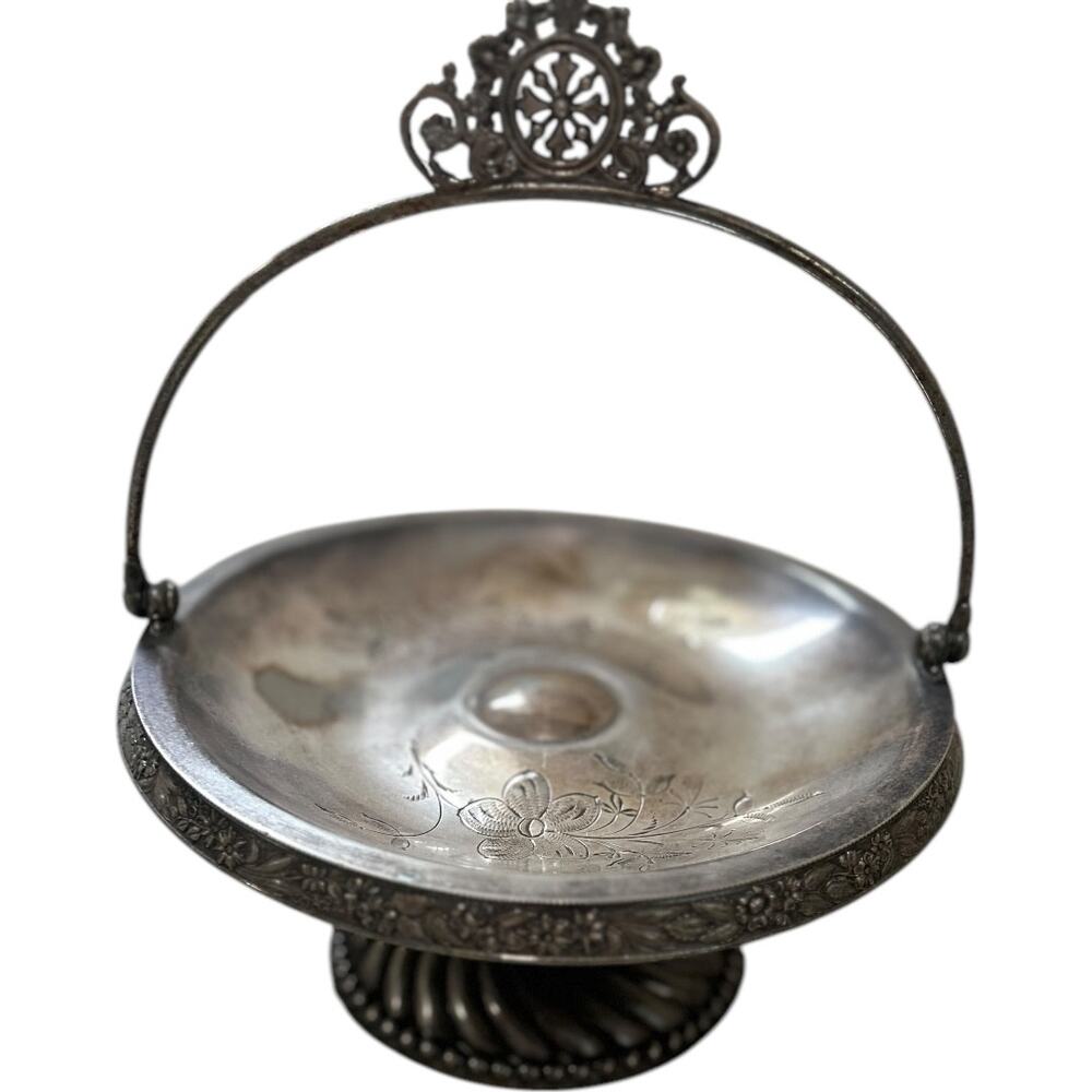 EUC Victorian Silver Fruit Pedestal with Handle. Bridal Basket Flowers Relief